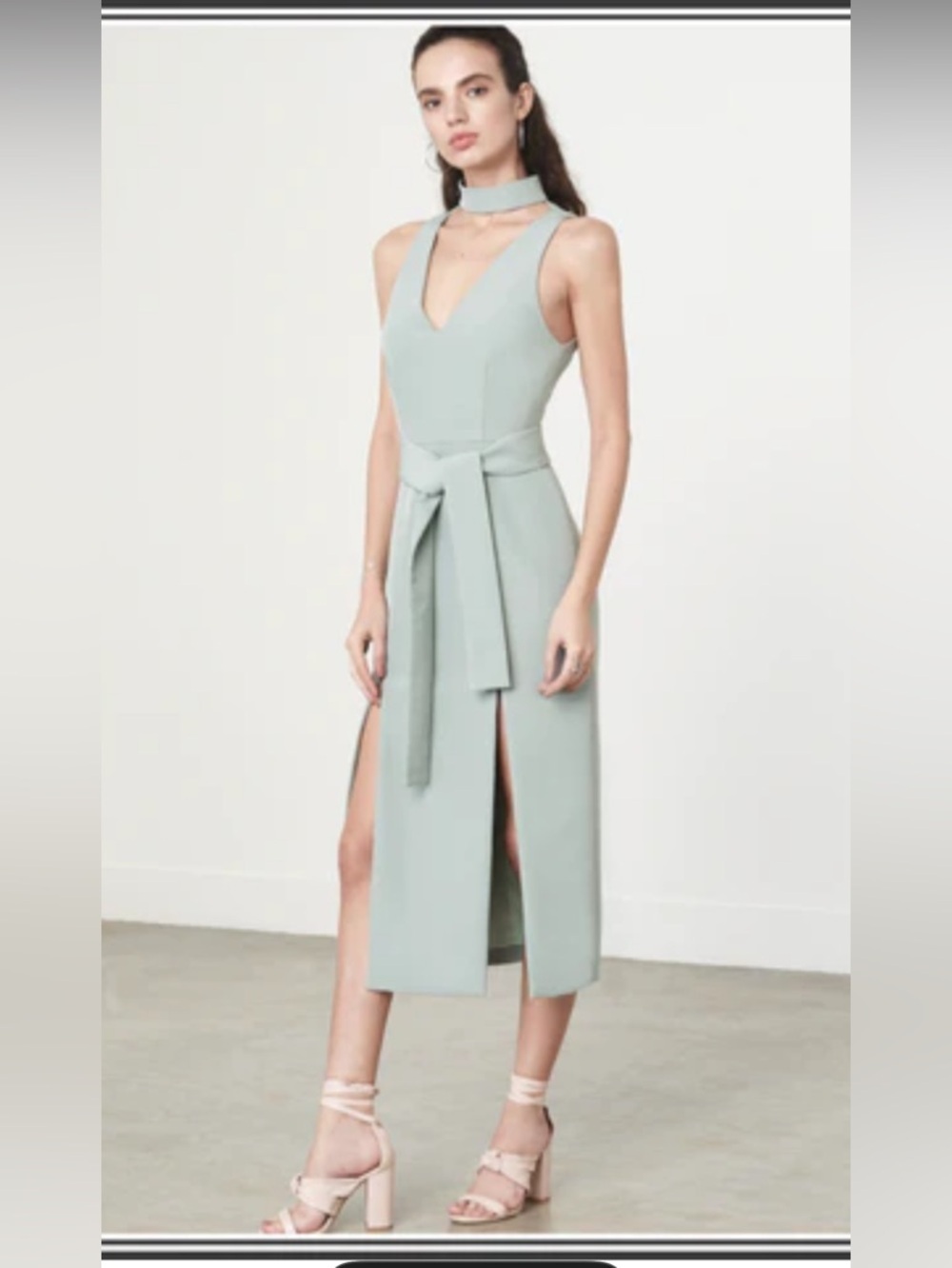 Lavish Alice Keyhole Tie Belt Double Split Midi Dress -Light Green size 10